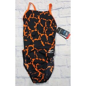 Speedo WOMENS JUNIORS SZ 28 Flash Time Flyback Swimsuit Endurance + Black Orange